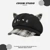 Gorra Octagonal de Estilo Japonés con Orejas de Gato a Cuadros Linda para Niñas, Cuadros Patchwork de Primavera y Otoño, Hace que la Cara Parezca Más Pequeña, Gorra de Boina Versátil
