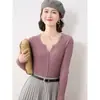Cárdigan de Punto Canalé Francés para Mujer Chaqueta Corta Suéter Cuello Tijera Manga Larga Moda Chic Ropa de Abrigo Suéter