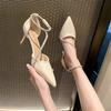 Sapatos de Salto Agulha Franceses 2024 Verão e Outono Nova Moda Sandálias Vazadas com Strass de Salto Agulha Apontado Salto Alto