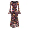 Vestido Retro Estilo Francés con Estampado Floral, Mangas de Campana y Cuello en V para Mujer 2025 Invierno Nuevo Estilo Cintura Ceñida Falda Larga Línea A