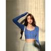 Camiseta Transfronteriza Estilo Europeo y Americano para Mujer Azul Corta Ombligo Descubierto Sexy Ajustada Chica Caliente Cuello U Clavícula Manga Larga Manga Corta Top para Mujer