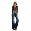 Calça jeans feminina 2026 transfronteiriça, levemente flare, estilo americano, lavada e desgastada, com acabamento texturizado, caimento fluido, calça longa azul gelo vintage, azul gelo vintage