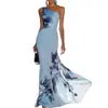 2026 Nuevo Estilo Europeo y Americano Marca Independiente Vestido Largo Azul Estampado de un Hombro Elegante Temperamento Vestido de Gala