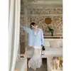 Cuello de Mañana Verano Francés Nuevo Todo Fósforo Cuello Polo Holgado Camisa Pura Deseo Longitud Media Manga Larga Cárdigan Superior para Mujer