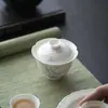 Cuenco Tapa de Pie Alto Boca de Flor Estilo Dinastías Tang y Song, Cerámica Pintada a Mano Azul y Blanco Diseño de Orquídea, Juego de Té para el Hogar, Cuenco Tapa para Preparar Té