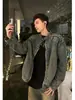 Chaqueta de Mezclilla Anaglifo Lavada Estilo Americano Marca de Moda Streetwear Europeo y Americano hiphop Cuello Vertical Corto Chaqueta Biker