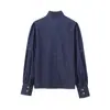 Estilo europeu e americano feminino primavera novo francês elegante para o trabalho cadarço laço manga longa gola alta Camisa jeans
