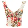 Camisola sexy estilo vacacional con cuello en V, volantes y amarre, estampada, nuevo top de verano ajustado para chica popular