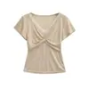 CL2670-26 Camiseta de encaje adelgazante con escote en V y mangas cortas retorcidas para mujer, top adelgazante para verano, pura y casual