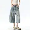 Jeans cropped azul retro americano com design de cachorrinho bordado para mulheres, novas calças retas de cintura alta de comprimento médio para o verão