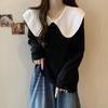 Suéter de Tricô Gola Peter Pan Estilo Francês Outono Novo Feminino Plus Size Solto Emagrecedor Color Block Manga Longa