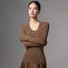 Suéter de Lã de Malha Fina 2026 Outono Novo Feminino Gola U Lã Merino Camisa Básica Suéter Curto Elegante