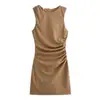 Vestido Decorativo de Punto Tricolor con Pliegues Transfronterizo para Mujer, Cuello Redondo, Sin Mangas, Ajuste Delgado, Elástico, Falda Corta para el Trabajo