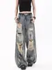 Jeans Rasgados con Salpicaduras de Tinta y Efecto Desgastado para Mujer Tallas Grandes, Diseño de Verano, Pantalones Anchos Rectos Holgados Desgastados