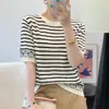 Camiseta de Punto de Seda Helada a Rayas de Manga Corta para Mujer, Nuevo Estilo Delgado de Verano 2026, Camiseta Adelgazante y Rejuvenecedora, Top Casual Versátil