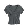 2502-Camiseta Fashionável de Manga Curta com Decote V Versátil Estilo Europeu e Americano para Mulheres 2025 Nova Sexy Slim Camiseta Base Top