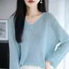 Blusa de tricô feminina, transparente, decote V, com detalhes vazados, manga 3/4, mistura de linho Tencel, estilo coreano, modelagem solta, plus size, proteção solar, para ambientes com ar condicionado, moderna