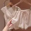 Pijama de manga corta y pantalón corto para mujer, estilo puro deseo de verano, con ribete de encaje en cuello en V y almohadillas en el pecho, conjunto de loungewear, venta al por mayor transfronteriza