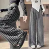 Calça pantalona listrada color block estilo coreano de primavera para mulheres, nova calça casual versátil de cintura alta com cordão e corte reto emagrecedor