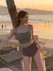 Traje de baño de dos piezas a rayas estilo coreano para mujer, de cintura alta, adelgazante, push-up para busto pequeño, bikini para vacaciones de chica hot