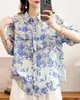 Camisa de Lino con Estampado Floral Pequeño Estilo Retro Artístico de Manga Media, Top Casual Holgado Elegante para Mujer