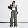 Jeans de trabalho juvenil Laranja # Outono com múltiplos bolsos, perna larga, para mulheres, corte solto, emagrecedor, casual, calça reta versátil, moderna