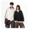 Chamarra con textura bordada estilo americano, cuello alto, cierre de cremallera para hombre, color de temporada de primavera, bloques de color, rayas, corte holgado, abrigo para pareja
