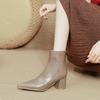 Botas de Salto Alto Botas Curtas de Bico Fino Femininas Botas Slim 2025 Novo Outono e Inverno Botas Marrons Salto Grosso Cano Médio Francês de Couro