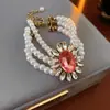 Pulsera Collar de Perlas Multicapa Flor Ovalada de Diamante Cadena para Suéter Estilo Palacio Francés Conjunto de Joyería de Lujo Ligero