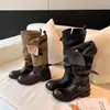Primer Encuentro Ji Botas Mujer 2026 Nuevo Bloque de Color Tacón Grueso Aumento de Altura Botas de Jinete Hebilla de Cinturón Con Cordones Color Limpiado Botas Largas