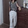 25337 Big Aimei Yiyuan 2025 Verão Novo Estilo Francês Retrô Sem Manga Estampado Blusa Casual Calça de Perna Larga para Mulheres