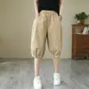 Shorts de Algodão Verão Finos Casuais Largos Tamanho Plus para Mulheres Cintura Alta Calças de Cinco Pontos Perna Larga Cintura Elástica Calças Harem Calças de Comprimento Médio