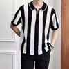 Camisa de Malla con Cortes Rayas en Contraste Estilo Coreano 2025 para Hombre Verano Estilo Casual Ligero Maduro Tejida de Punto Mangas Cortas Paul