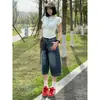 Jeans Cropped Rasgado Estilo Retrô Americano para Mulheres, Novos Shorts de Verão 2026 de Cintura Alta Wide Leg Comprimento no Joelho