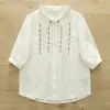 Camisa de gaze de algodão de camada dupla com mangas curtas para mulheres, flores bordadas, verão 2026, top artístico de algodão puro macio de meia manga