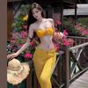 Bikini de tres piezas con estampado de flores divididas en nicho amarillo jengibre de Tailandia para vacaciones en la isla, traje de baño adelgazante de aguas termales para mujer