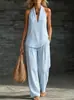 2026 Estación Independiente Transfronteriza de Amazon Europea y Americana Primavera y Verano Pantalones de Pierna Ancha para Mujer Conjunto a Rayas de Algodón y Lino con Top Halter