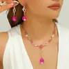 Conjunto de Colar e Brincos de Flor Popular Europeu e Americano Transfronteiriço Pedra Preciosa de Cristal Rosa Joias Vestido Noiva Banquete Acessórios Femininos