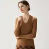Suéter de cachemira suave y pegajoso para mujer, cuello en U grande, corte ajustado, favorecedor de la figura, capa base, prenda interior ceñida, tejido, elegante, suéter versátil