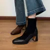 Botas justas elásticas com retalhos retrô para mulheres, botas versáteis de bico quadrado com zíper traseiro, botas estilo Martin