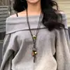 Novo Colar Pena Bronze Zen Chinês Feminino Estilo Étnico Boêmio Camada Dupla Corrente Longa para Suéter Acessórios