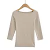 Camiseta de Manga Tres Cuartos con Cuello de Una Línea Sexy para Mujer Estilo Europeo y Americano Corta Nueva Otoño 2025 Delgado Sexy Camiseta Básica Superior