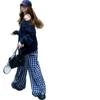Pantalones anchos de cuadros azules para mujer, talla 145, para primavera y otoño, holgados, informales y rectos, de pierna ancha, para relajarse, pequeños, 150 cm