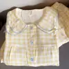 Pijama Feminino Xadrez Amarelo com Gola Lapela, Cardigã para Primavera e Outono, Gola Boneca, Conjunto de Comprimento Duplo, Macio e Fofo, Estilo Princesa, Roupa Casual para Casa