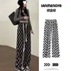 Calça xadrez preto e branco de perna larga para mulheres, tendência verão e outono, cintura alta, fluida, casual de perna reta, calça xadrez solta de seda gelada