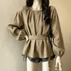 Suéter de Punto con Cuello Redondo y Cordones para Ceñir la Cintura para Mujer Primavera Estilo Francés Temperamento Adelgazante Top Versátil para Mujer 2026