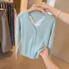 Cardigan de Punto de Manga Larga con Encaje, Cuello en U, Color Azul Lago, Moda Coreana de Alta Gama, Dos Piezas Falsas, Temporada de Otoño e Invierno Verde
