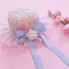 Lolita Chapéu de Palha Longo com Fita de Renda Doce Multicor Topo Plano Guarda-sol Feito à Mão Menina Doce