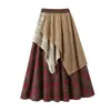 2025 Nueva Falda Vintage para Mujer Otoño e Invierno Irregular de Línea A Cuadros Puntada de Encaje Cintura Alta Adelgazante Falda Larga