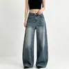 Calça jeans feminina lavada retro azul claro, novo modelo 2026, corte solto, modeladora e que aumenta a altura, calça casual de perna reta para tipos de corpo pera